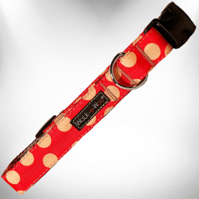 Polka Dot Dog - Tan Dots Collars (Color: Tan Dots on Red, size: L 1" width fits 14-25" neck)