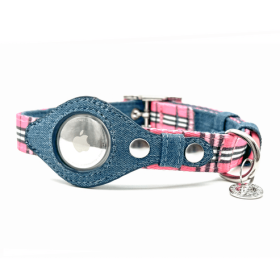 Apple Airtag Collar (Color: Pink Plaid & Denim, size: small)